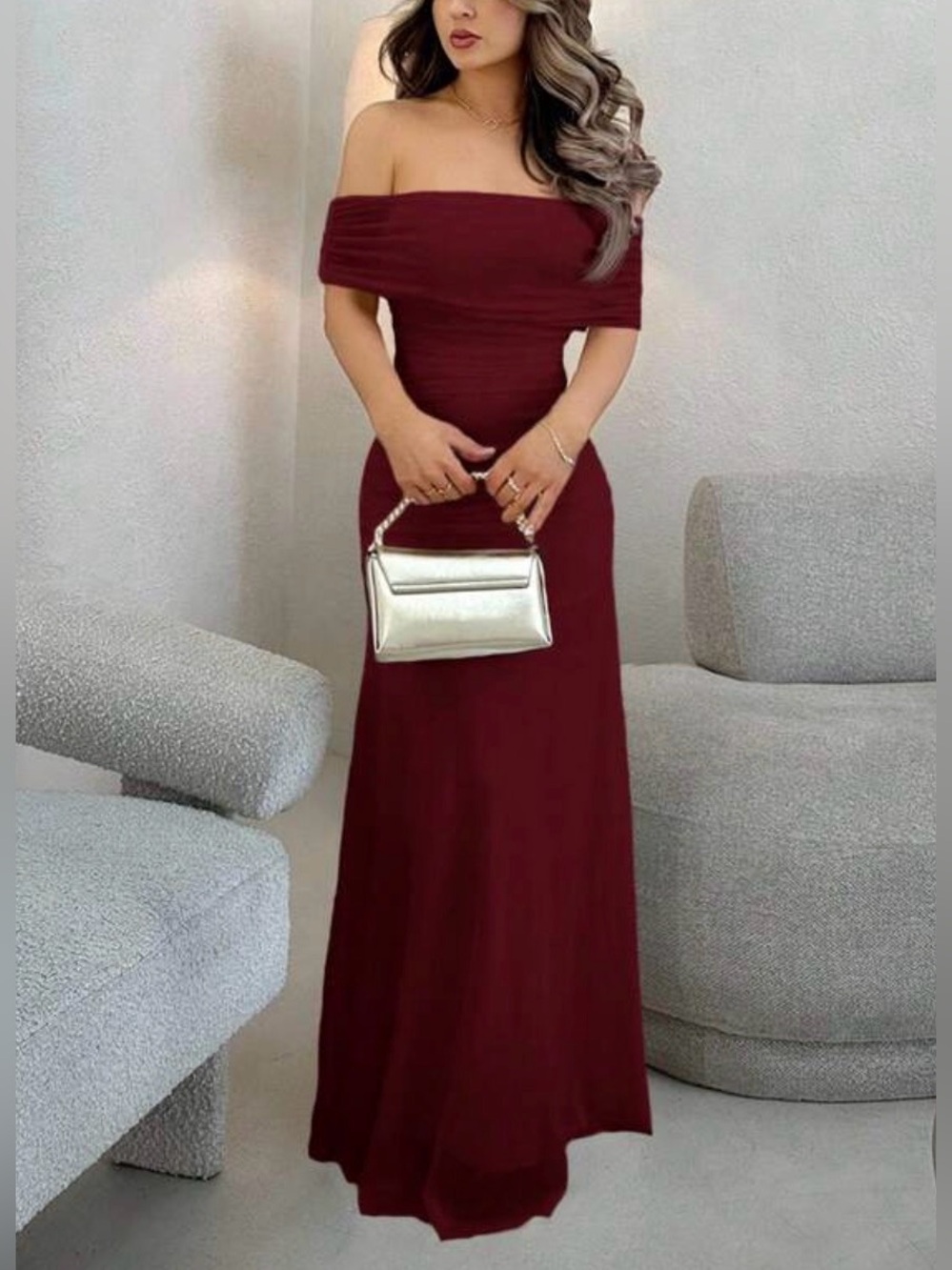 SHEIN Off-Shoulder Burgundy Evening Gown